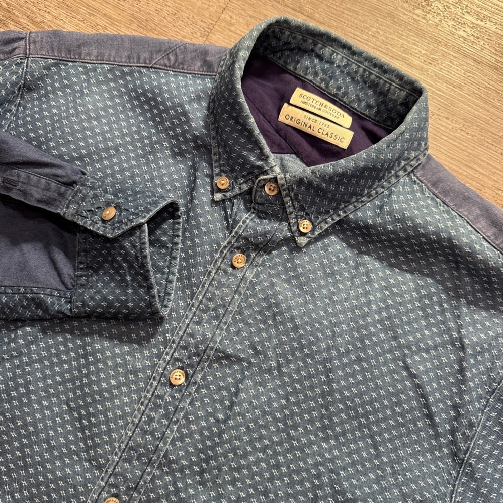 Scotch & Soda Shirt Mens M Blue Denim Chambray Patterned Cotton Heritage Western